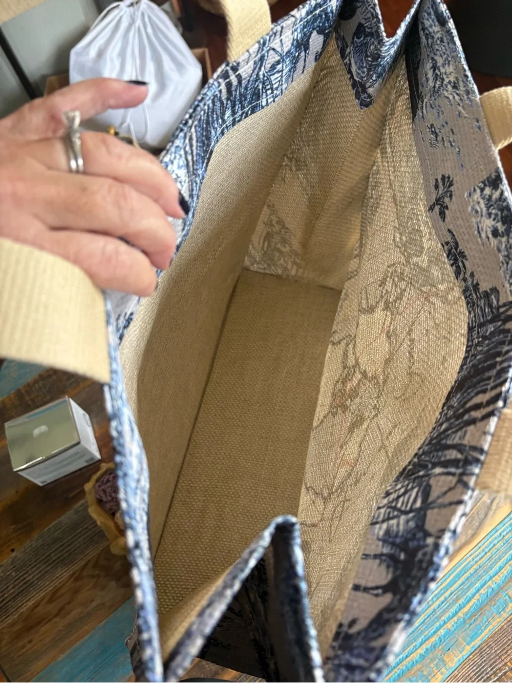 Authentic Dior GWP Toile de Jouy Safari Map Canvas Tote Bag Blue Ivory